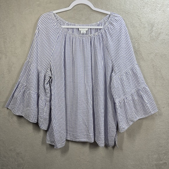 Liz Claiborne Tops - Liz Claiborne Seersucker Blouse Sz XXL Blue Stripe Bell Sleeve Peasant Resort